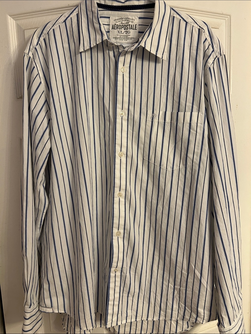 Aeropostale White Button-Down Shirt with Blue Pinstripes